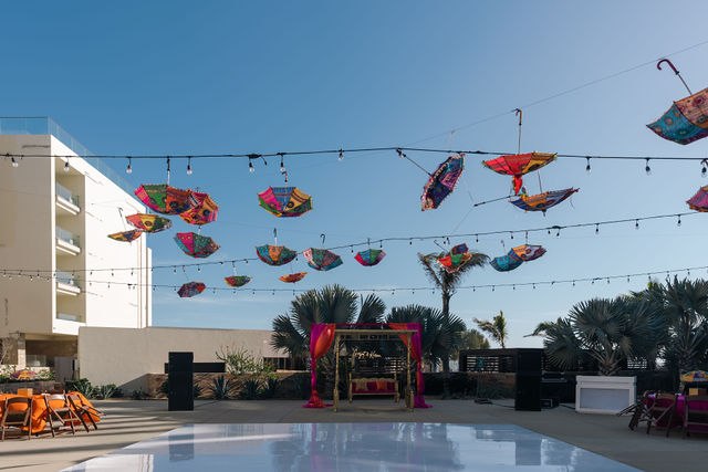 Colourful decorations suspended above the Los Cabos celebration