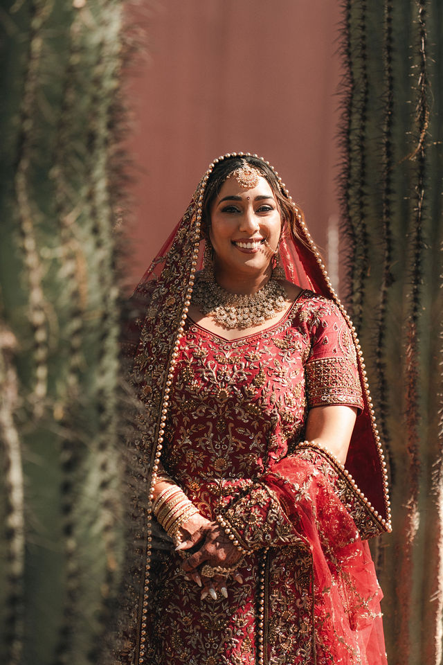 A close bridal portrait of Shachi among cacti