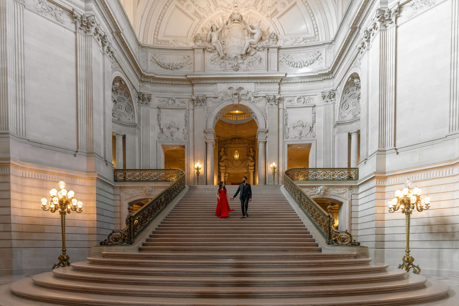 Sonalii and Ravin framed by the ornate architecture of their pre-wedding shoot