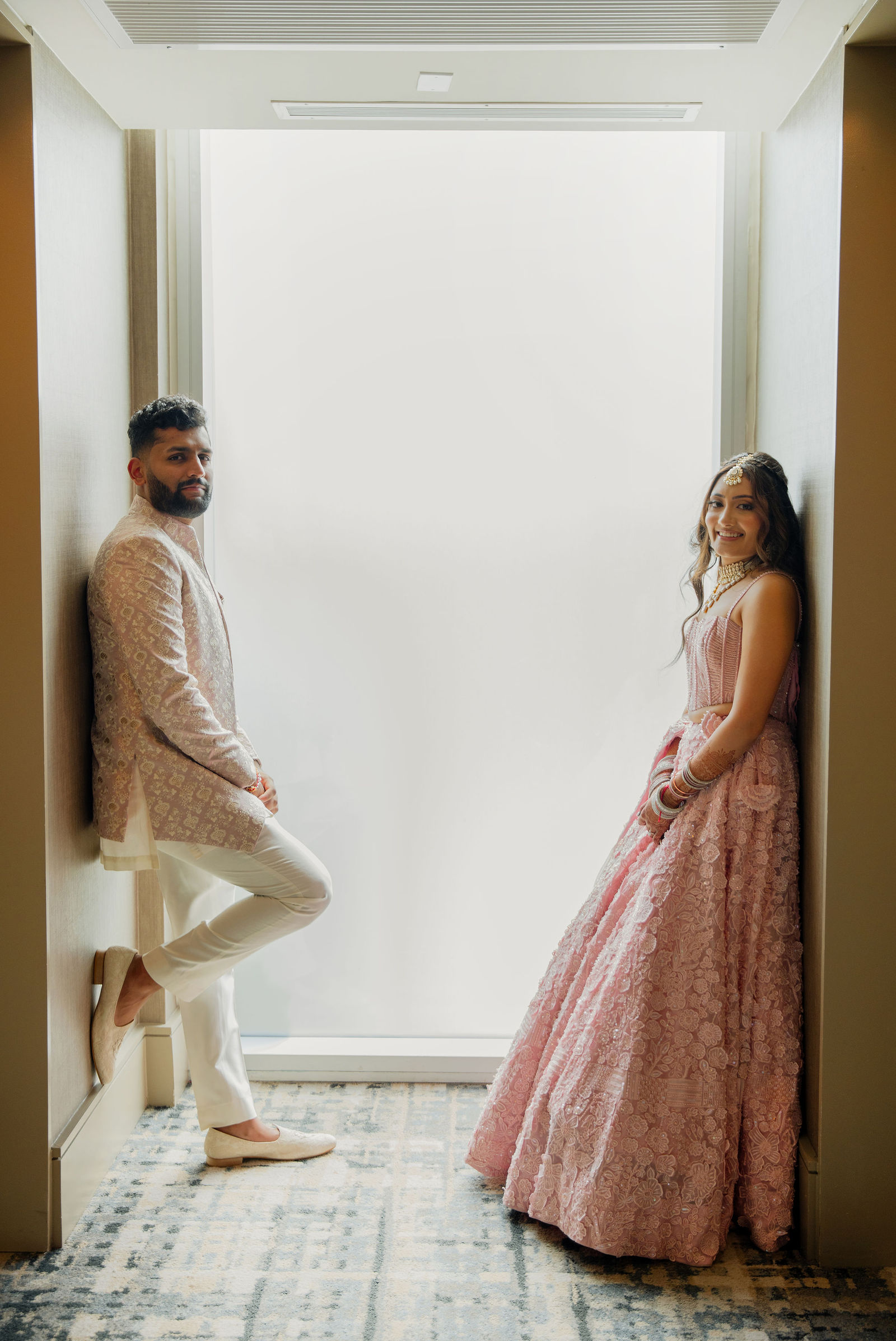 Sonalii and Ravin close together in their Sangeet attire
