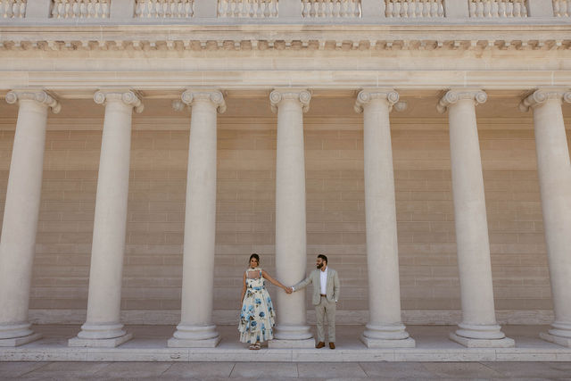 Yash and Parth beneath the Palace of Fine Arts colonnade